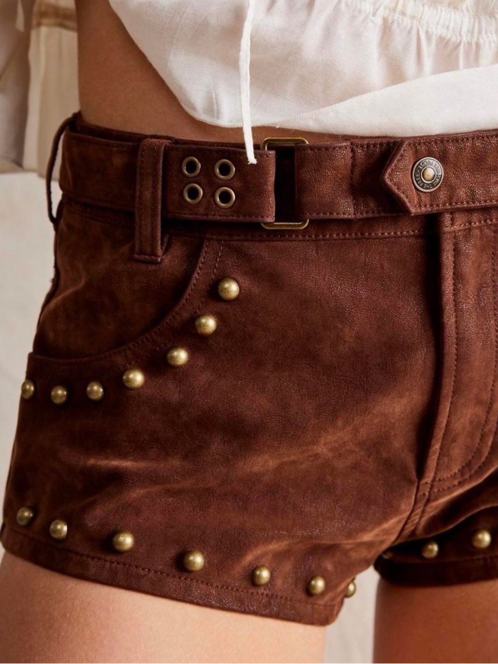 Free People Brown Suede Studded High Waist Shorts